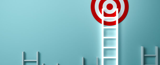 Stand out from the crowd and different creative idea concepts , Longest light ladder glowing and aiming high to goal target among other short ladders on green background with shadows . 3D rendering