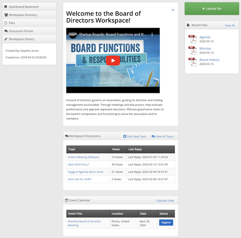 Board of Director Workspace inside Membership management software
